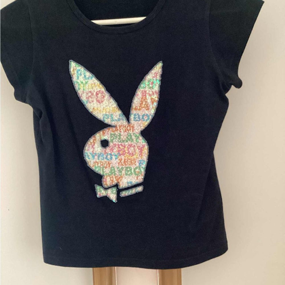 PLAYBOY Black Tee with sequined Multicolor Bunny Logo. new condition.
